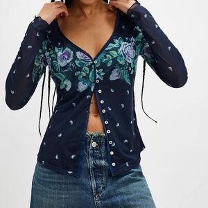 Free People Long Sleeve Home Grown Mesh Cardi, Navy Floral Combo, XS